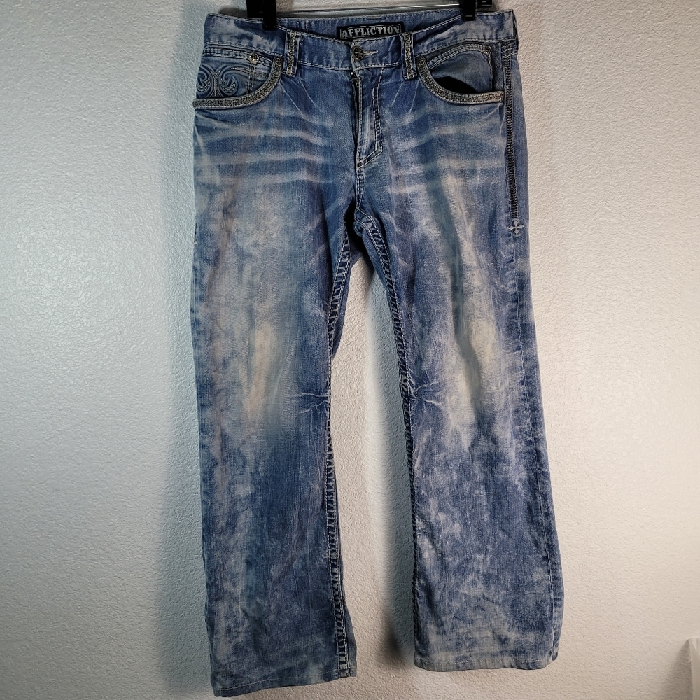 Affliction Jeans Mens Regular 34x30Cooper Straight Acid Wash Blue